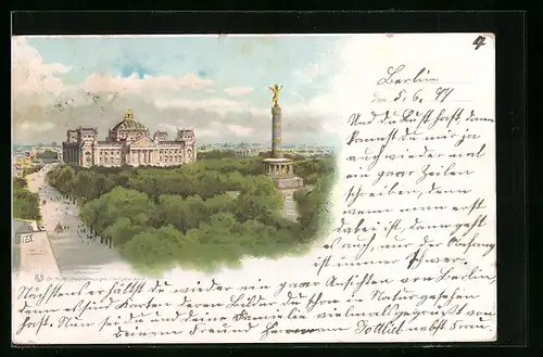 Lithographie Berlin-Tiergarten, Reichtsagsgebäude und Siegessäule