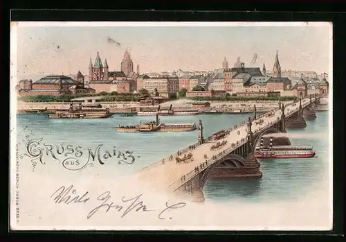 Lithographie Mainz, Blick über den Rhein auf die Stadt, Dampfer, beleuchtete Fenster