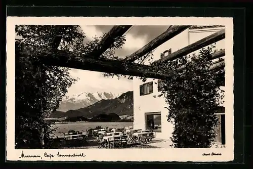AK Murnau, Terrasse vom Café Sonnenbichl mit Alpenblick