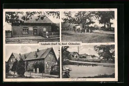 AK Lasbek-Dorf b. Bad Oldesloe, Gemischtwarenhandlung von Hans Wiencken, Schule, Ortspartie