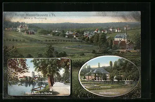 AK Klosterlausnitz, Klosterteich mit Kirche, Waldschlösschen, Ortsansicht