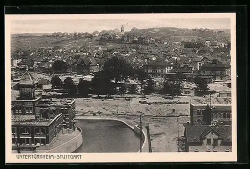 AK Stuttgart-Untertürkheim, Wasserpartie mit Stadtansicht