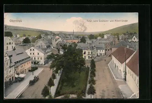 AK Olbernhau, Totalansicht, Vorn Grüntaler- und Albert-Strasse