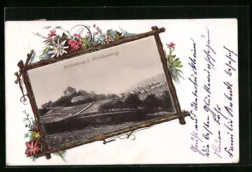 AK Rothenberg i. Württemberg, Panorama des Ortes im Bilderrahmen aus Holz