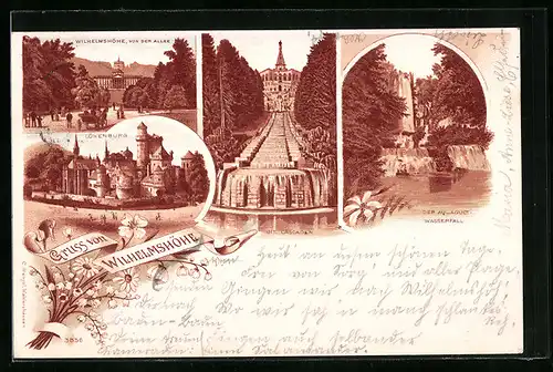 Lithographie Wilhelmshöhe, Löwenburg, Die Cascaden, Aquaduct-Wasserfall
