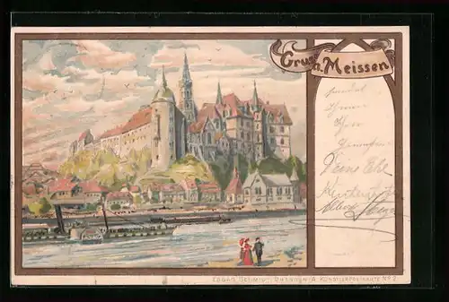 Lithographie Meissen, Ansicht der Stadt vom gegenüberliegenden Ufer