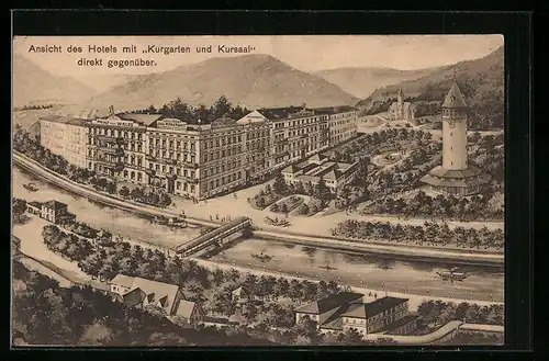 AK Bad Ems, Ansicht des Hotels mit Kurgarten und Kursaal gegenüber, Prinz v. Wales, Pariser Hof, Römerbad
