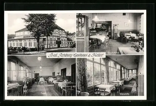 AK Bad Rehburg, Gasthaus z. Keller, Inh. Fr. Hogrefe, Saal, Gaststube und Veranda