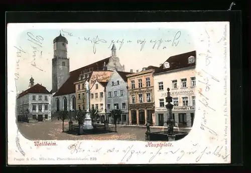 AK Weilheim, Hauptplatz mit Geschäft, Denkmal und Brunnen