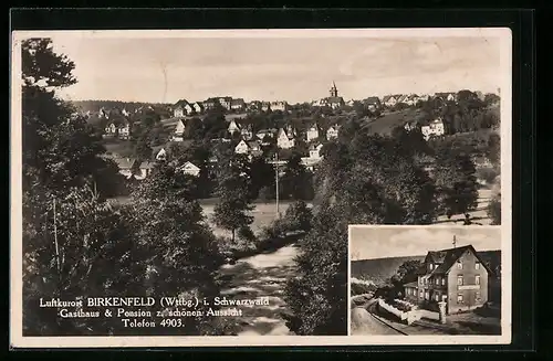 AK Birkenfeld /Wttbg. i. Schwarzwald, Gasthaus und Pension z. schönen Aussicht, Totalansicht