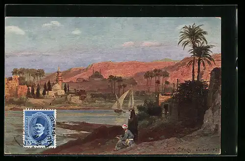 Künstler-AK Gizeh, Panorama am Abend