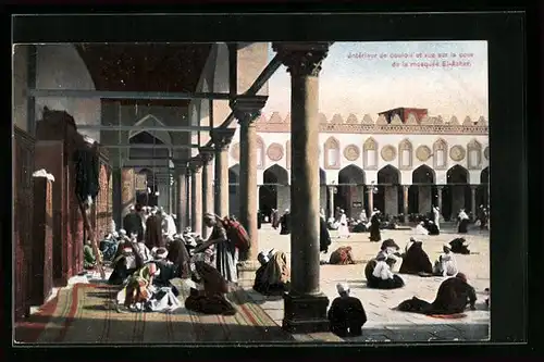 AK Cairo, Intérieur de couloir et vue sur la cour de la mosquée El-Azhar