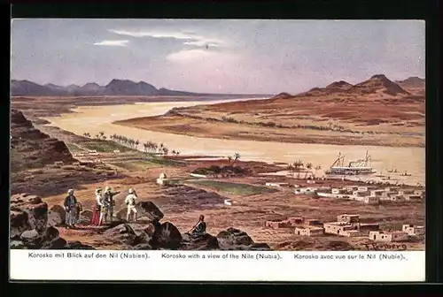 Künstler-AK Korosko, Gesamtansicht mit Nil, Nubien
