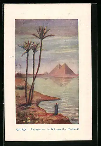 Künstler-AK Cairo, Palmers on the Nil near the Pyramids