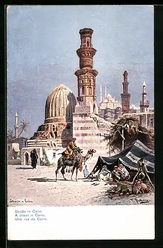 Künstler-AK Cairo, Strassenpartie mit Kamelreiter