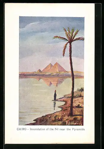 Künstler-AK Le Caire, La crue du Nil aux environs des Pyramides