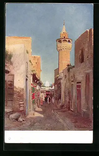 Künstler-AK Egypt, Rue et Minaret