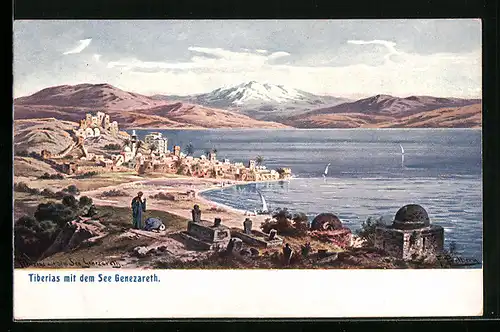 AK Tiberias, Gesamtansicht mit See Genezareth