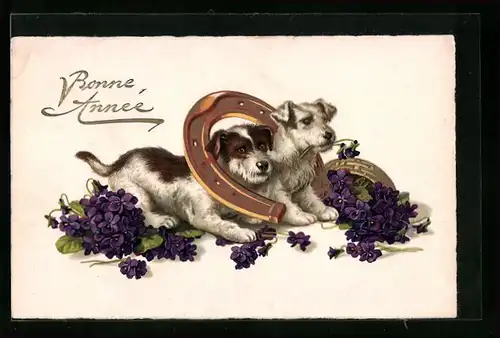 AK Zwei Terrier mit lila Veilchen und Hufeisen