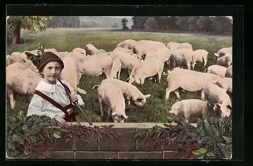 AK Kleiner Schweinehirt mit seiner Herde, Neujahrsgruss