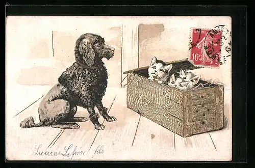 Präge-AK Pudel sitzt vor einer Kiste mit kleinen Katzen