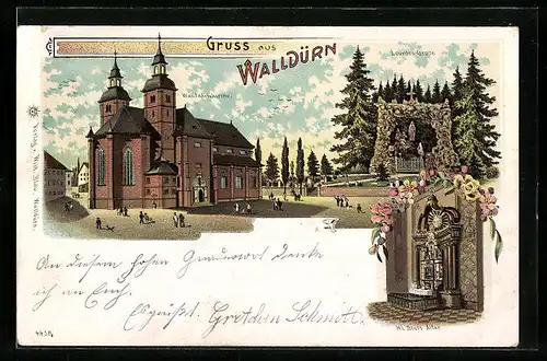 Lithographie Walldürn, Wallfahrtskirche mit Hl. Blutsaltar und Lourdes-Grotte