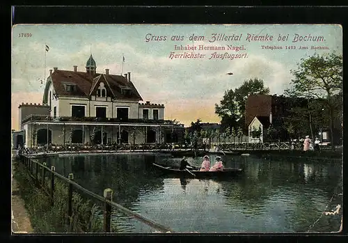 AK Riemke b. Bochum, Uferpartie mit Ruderboot