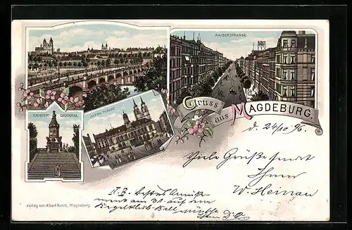 Lithographie Magdeburg, Bismarck-Denkmal, Alter Markt, Kaiserstrasse, Gesamtansicht