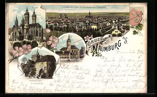 Lithographie Naumburg a. S., Ortsansicht vom Bürgergarten aus, Marienthor, Wappen