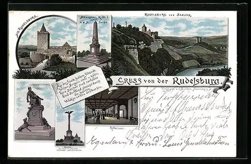Lithographie Saaleck, Rudelsburg, Rittersaal, Bismarckdenkmal
