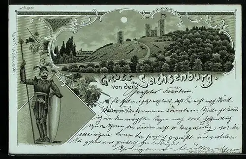 Lithographie Sachsenburg, Blick zur Burgruine, Ritter mit Speer und Schild