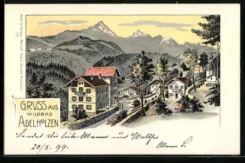 Lithographie Bad Adelholzen, Ortspartie mit Hotel