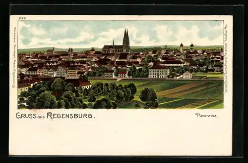 Lithographie Regensburg, Panorama mit Kirche