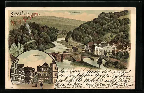 Lithographie Hann.-Münden, Weserblick, Marktplatz
