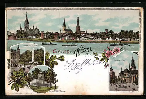 Lithographie Wesel, Kaiserplatz m. Kaiserhof, Denkmal der 11 Schill`schen Offiziere