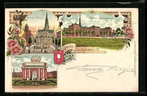 Lithographie Wesel, Grosser Markt, Berliner Tor, Kaserne