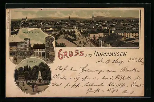 Lithographie Nordhausen, Teilansicht, Marktplatz, Gehege