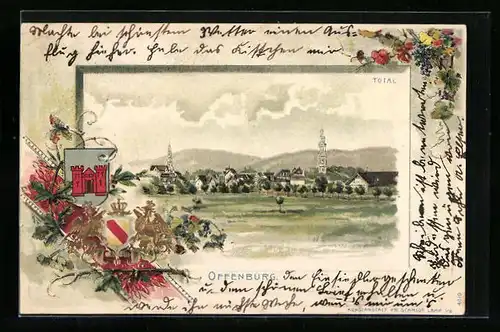 Passepartout-Lithographie Offenburg, Panoramablick von der Blumenwiese gesehen, Stadtwappen