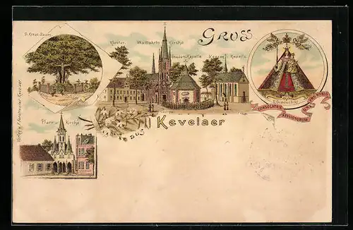 Lithographie Kevelaer, Wallfahrtskirche, Kloster, Kreuz-Baum und Kerzen-Kapelle