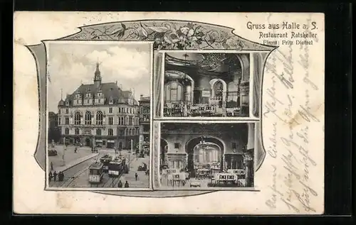 AK Halle a. S., Restaurant Ratskeller, Innenansicht, Firma Fritz Dietzel, Strassenbahnen