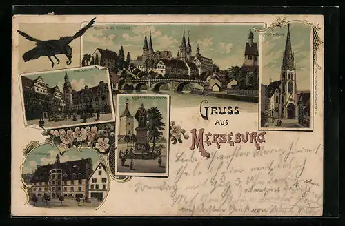 Lithographie Merseburg, Stadt Kirche, Königliches Schloss, Schlosshof