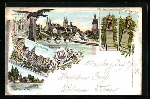 Lithographie Merseburg, Rabenhaus, Schlosshof, Gotthardts Teich, Kaiser Friedrich- und Kaiser Wilhelm-Denkmal