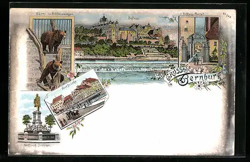 Lithographie Bernburg, Wolfgang-Denkmal, Schloss-Portal, Schloss und Neue Brücke