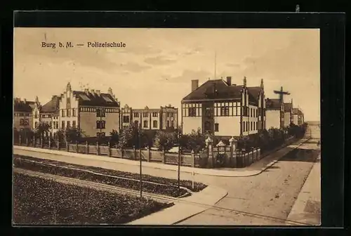AK Burg b. M., Strassenpartie an der Polizeischule