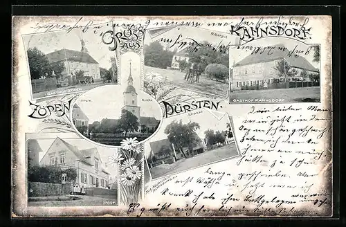 Lithographie Pürsten, Gasthof Zöpen, Rittergut, Gasthof Kahnsdorf, Post
