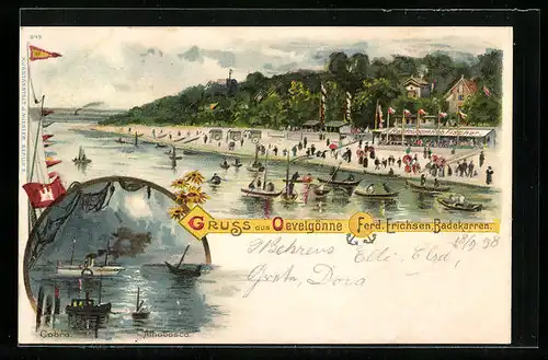 Lithographie Hamburg-Övelgönne, Restaurant Rob. Fischer, Ferd. Erichsen Badekarren