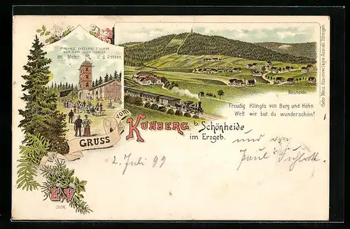 Lithographie Schönheide im Erzgeb., Gruss vom Kuhberg, Prinz Georg Turm, Neuheide