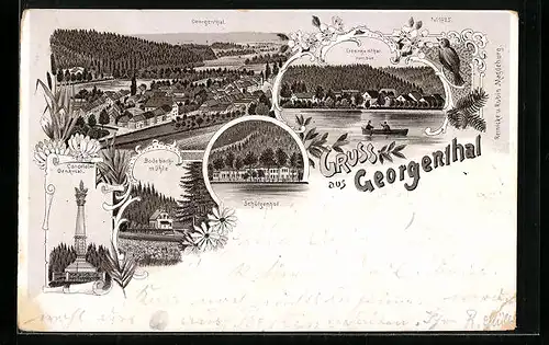 Lithographie Georgenthal, Bodebach-Mühle, Candelaber Denkmal, Schützenhof