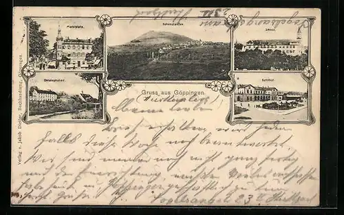 AK Göppingen, Marktplatz, Christophsbad, Bahnhof und Schloss