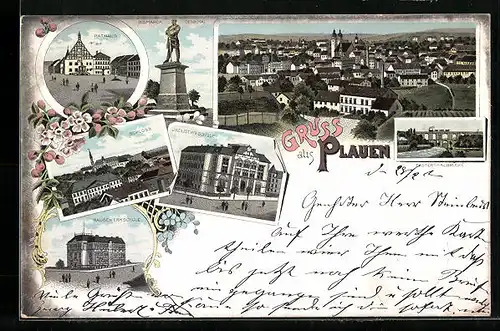 Lithographie Plauen, Industrieschule, Baugewerkschule und Elsterthalbrücke